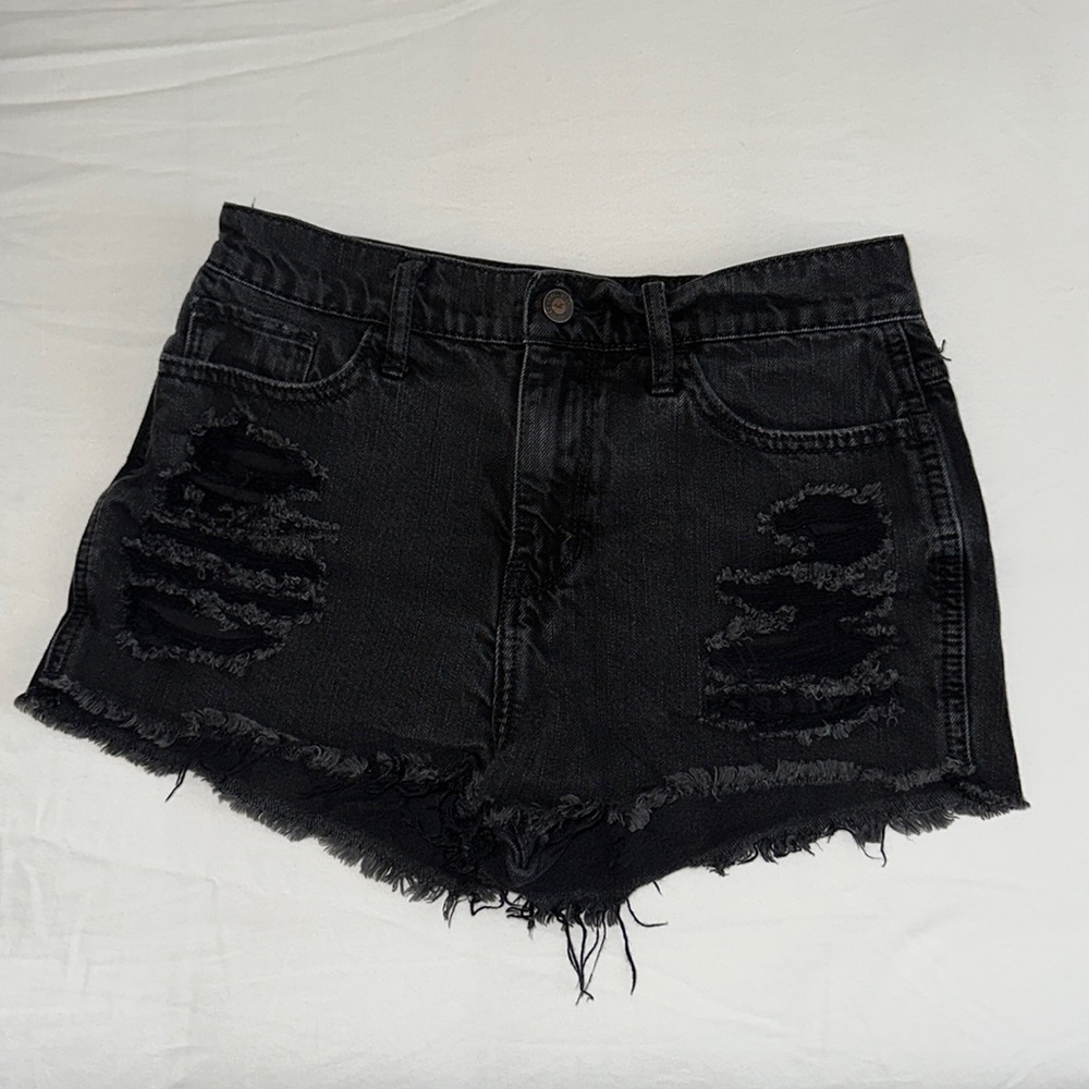 Hollister Black Wash Ripped High Rise Short Shorts